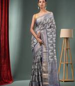 Charcoal Blended Silk Handwoven Ajrakh Print Saree